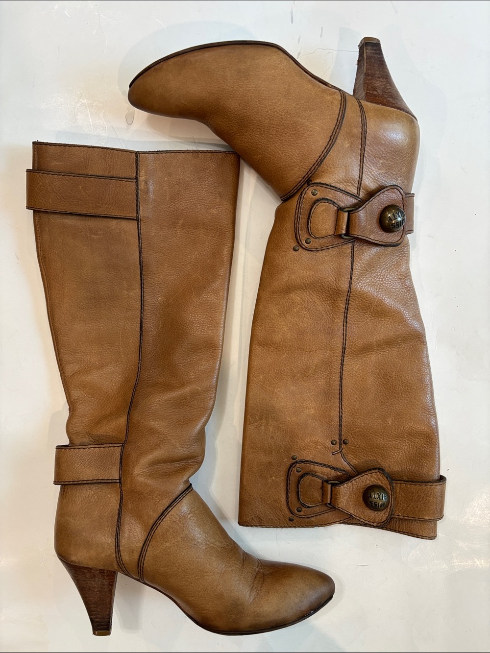 Miss Sixty Tan Leather Knee Boots Y2K Buckle Detail Stacked Heel EU 38 - Picture 7 of 15